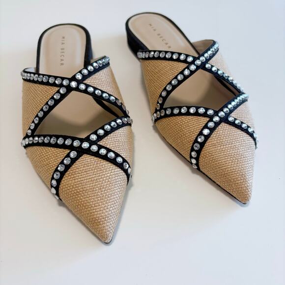 Mia Becar Ines Flat Mule EU 39 Italian Leather Raffia Crystals Slip On Feminine - Picture 4 of 16